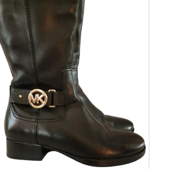 Michael Kors Black Leather Riding Boots Knee High Gold MK Equestrian Size 5.5 - Picture 3 of 7